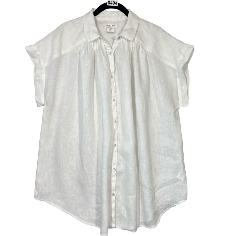 Artisan NY 100% Linen Short Sleeve Shirt Women's M White Beach Lagenlook Capsule - Picture 2 of 9